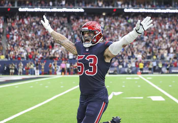 Nov 19, 2023; Houston, Texas, USA; Houston Texans linebacker Blake Cashman (53) reacts after a play during the fourth quarter against the Arizona Cardinals at NRG Stadium.